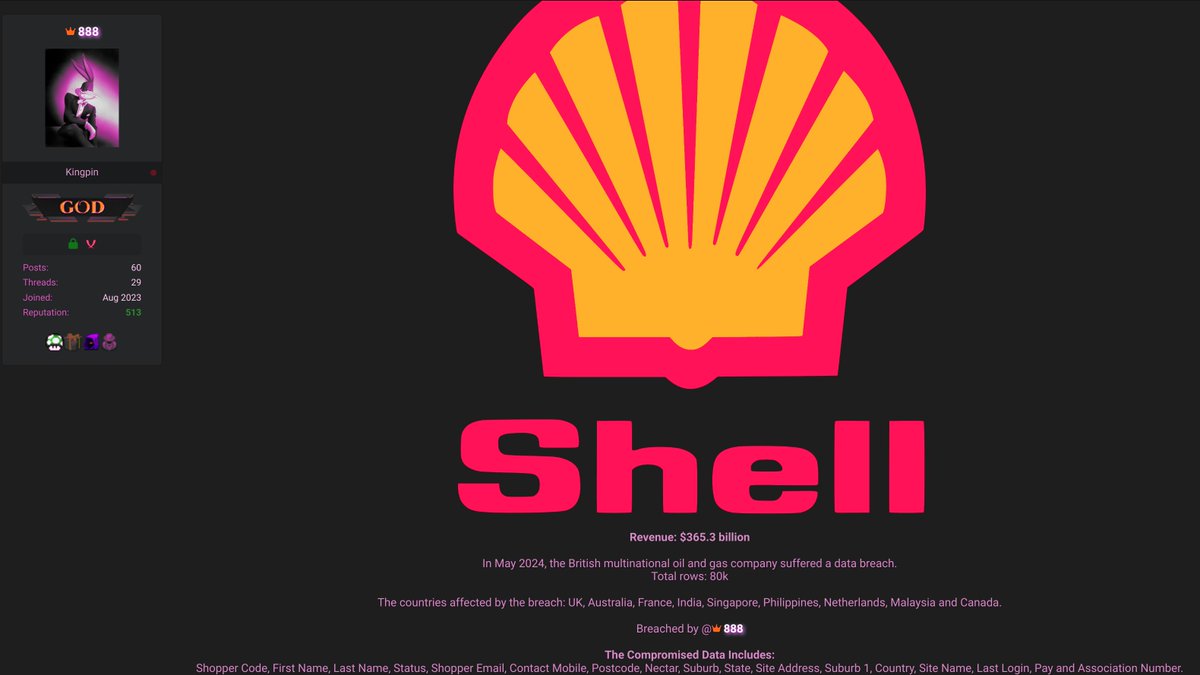 secmentis's tweet photo. 80,000+ users' #personaldata allegedly stolen from Shell after #cyberattack -- Hackers claim they compromised user data incl. users' full name, email, address, country, ... https://t.co/WVmg0fnUyg #databreach #oil #gas #energy #dataleak #hacking #network #privacy #cybersecurity https://t.co/sYGatVKPLU