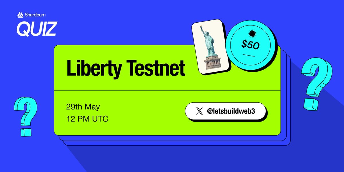 Shardeum (@shardeum) on Twitter photo Quiz is 🔛
Participate in the ‘Liberty Testnet’ quiz & reply with correct answer to each of the 5 questions to win from a prize pool of $50 USDT
Happening now <a href="/letsbuildweb3/">Build Web3 on Shardeum</a> Quiz is 🔛
Participate in the ‘Liberty Testnet’ quiz & reply with correct answer to each of the 5 questions to win from a prize pool of $50 USDT
Happening now <a href="/letsbuildweb3/">Build Web3 on Shardeum</a>