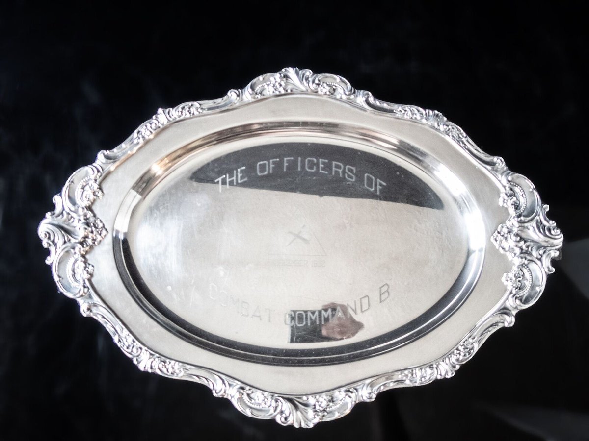 Baroque By Wallace Silver Plate Tray 5th Armored Division 1952$145.00https://www.inventifdesigns.com/products/baroque-by-wallace-silver-plate-tray-5th-11275
#vintagedining #vintagesilver