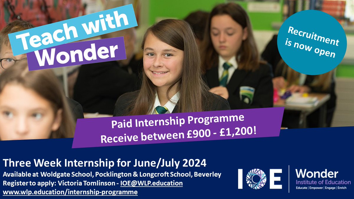 Are you looking for a teaching internship for summer 2024 - Last week to apply for this year's recruitment!
Visit wlp.education/ioe to learn more about our three-week programme. 
#Internship #Teaching #Yorkshire #SecondaryEducation #TeachwithWonder @YorkStJohn @UniOfYork