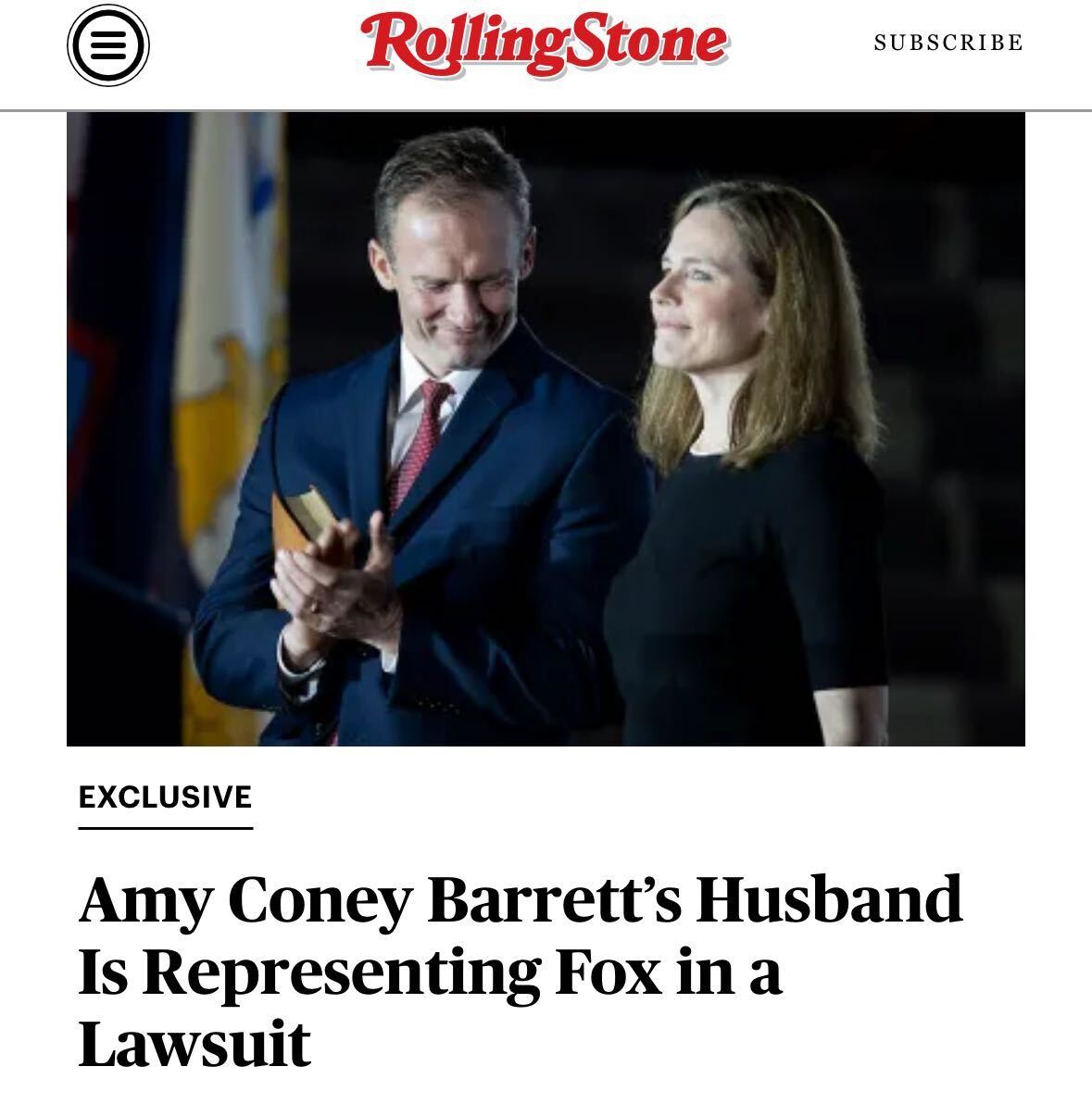 RollingStone's tweet image. EXCLUSIVE: Supreme Court Justice Amy Coney Barrett’s husband is representing Fox Corporation — Fox News’ parent company — in a defamation lawsuit, according to court records reviewed by Rolling Stone.

Story: rollingstone.com/politics/polit…