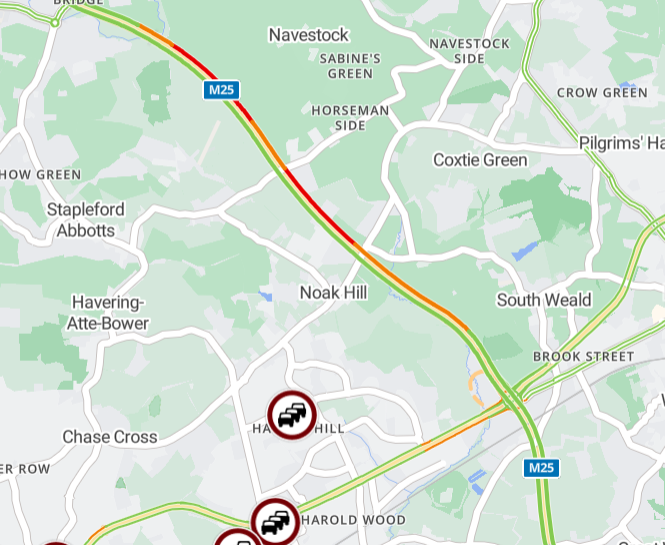 M25   Clockwise- Slow between J27 (M11) and J28 (A12)