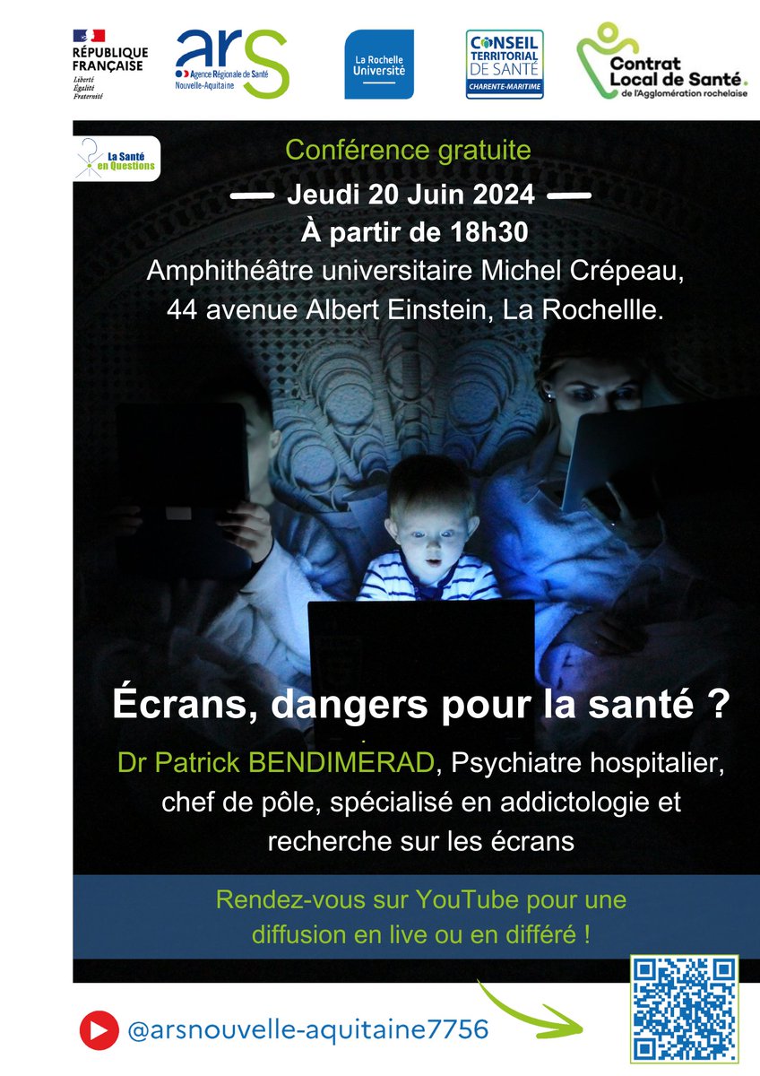 #SaveTheDate
⚠️La 6ème du cycle de la série de conférences "la santé en questions" arrive !⚠️
 
📲"Écrans, dangers pour la santé ?"  

➡️Venez nombreux !⬅️

🚨À partager sans modération !