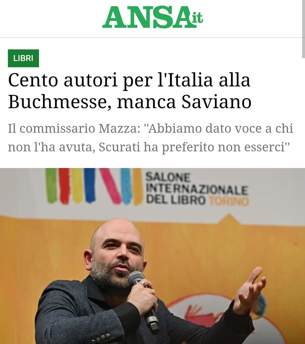 La decisione di escludere Roberto #Saviano dalla delegazione italiana ospite d'onore alla #Buchmesse2024 è un atto censorio ingiustificato e ingiustificabile. Ed è gravissimo che si voglia trasformare il Ministero della Cultura nel Minculpop di triste memoria. Piena solidarietà