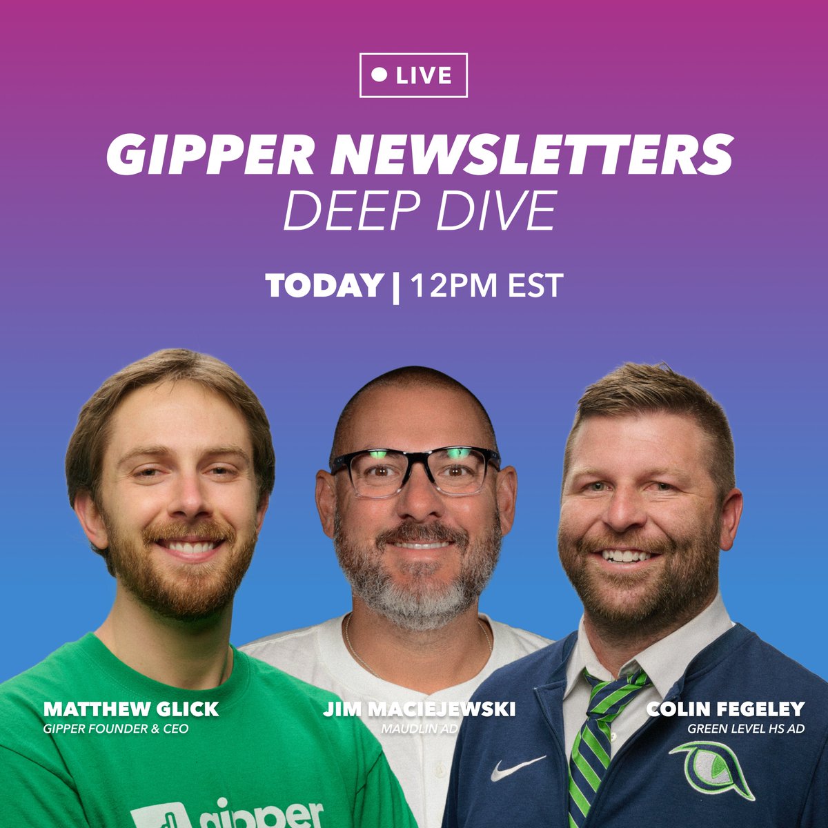 TODAY'S THE DAY🟣⚡️ Last chance to sign up for our #GipperNewsletters Deep Dive Webinar today! Sign up here: bit.ly/44HpBDY Join Gipper Founder & CEO @matthewaglick, @G_L_ATHLETICS AD, and @Mauldin_Athl AD to learn how Gipper is leveling up the newsletter game ⚡️