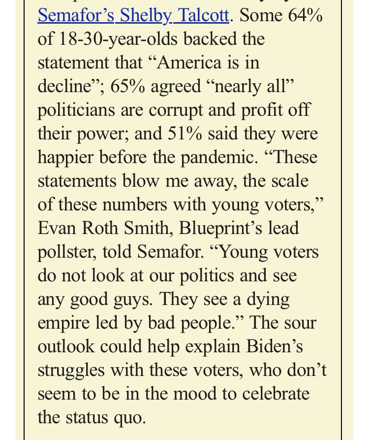 “Young voters do not look at our politics and see any good guys. They see a dying empire led by bad people.” Sounds like they have a pretty good read on the situation in that case