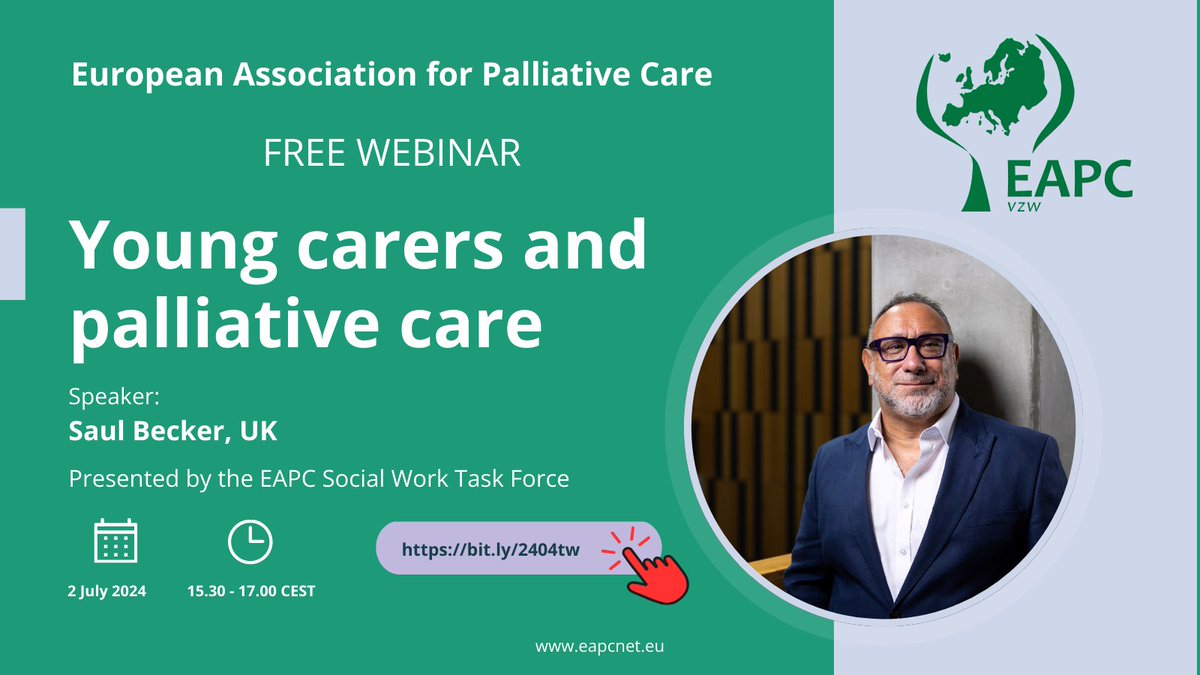 Free #EAPCWebinar: Young carers and palliative care The EAPC Social Work Task Force will present guest speaker @profsaulbecker who will give an overview of their work with young carers and how this relates to palliative care 2 July 2024 15.30CEST Register: bit.ly/2404tw