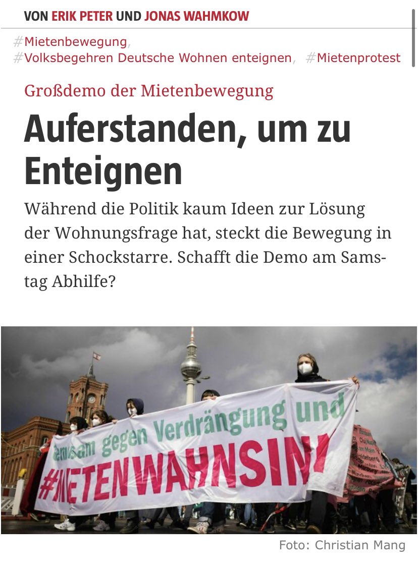 Zeigen wir der <a href="/tazgezwitscher/">taz</a>, dass die Berliner Mietenbewegung noch einiges vorhat ✊
👉🏼Kommt am Samstag, 01.06 - 14.00 Uhr zur großen Mietendemo zum
Potsdamer Platz🔥
