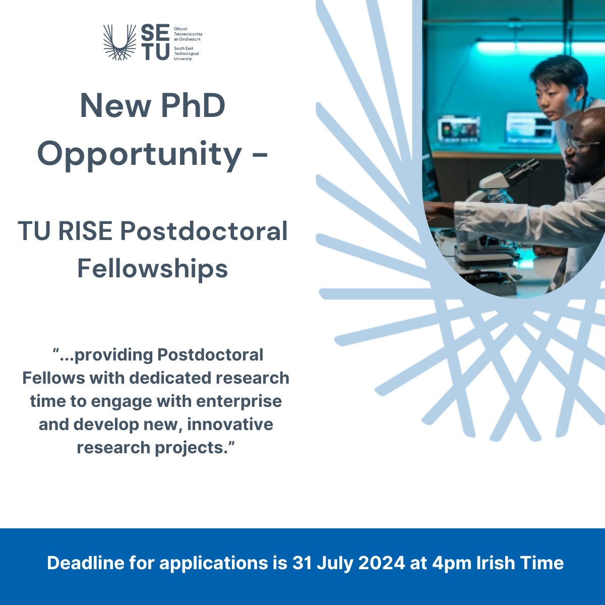 SETU_Research, Innovation and Impact (@setu_research) on Twitter photo 📣 ARE YOU A PhD HOLDER WITH A MAXIMUM OF 5 YEARS POSTDOCTORAL EXPERIENCE? 
You can apply for a 24-month fellowship, which offers bespoke training in an excellent environment, in Ireland's sunny South East!
IDENTIFY A POTENTIAL SUPERVISOR VIA THIS LINK: research.setu.ie/en/persons/ 📣 ARE YOU A PhD HOLDER WITH A MAXIMUM OF 5 YEARS POSTDOCTORAL EXPERIENCE? 
You can apply for a 24-month fellowship, which offers bespoke training in an excellent environment, in Ireland's sunny South East!
IDENTIFY A POTENTIAL SUPERVISOR VIA THIS LINK: research.setu.ie/en/persons/
