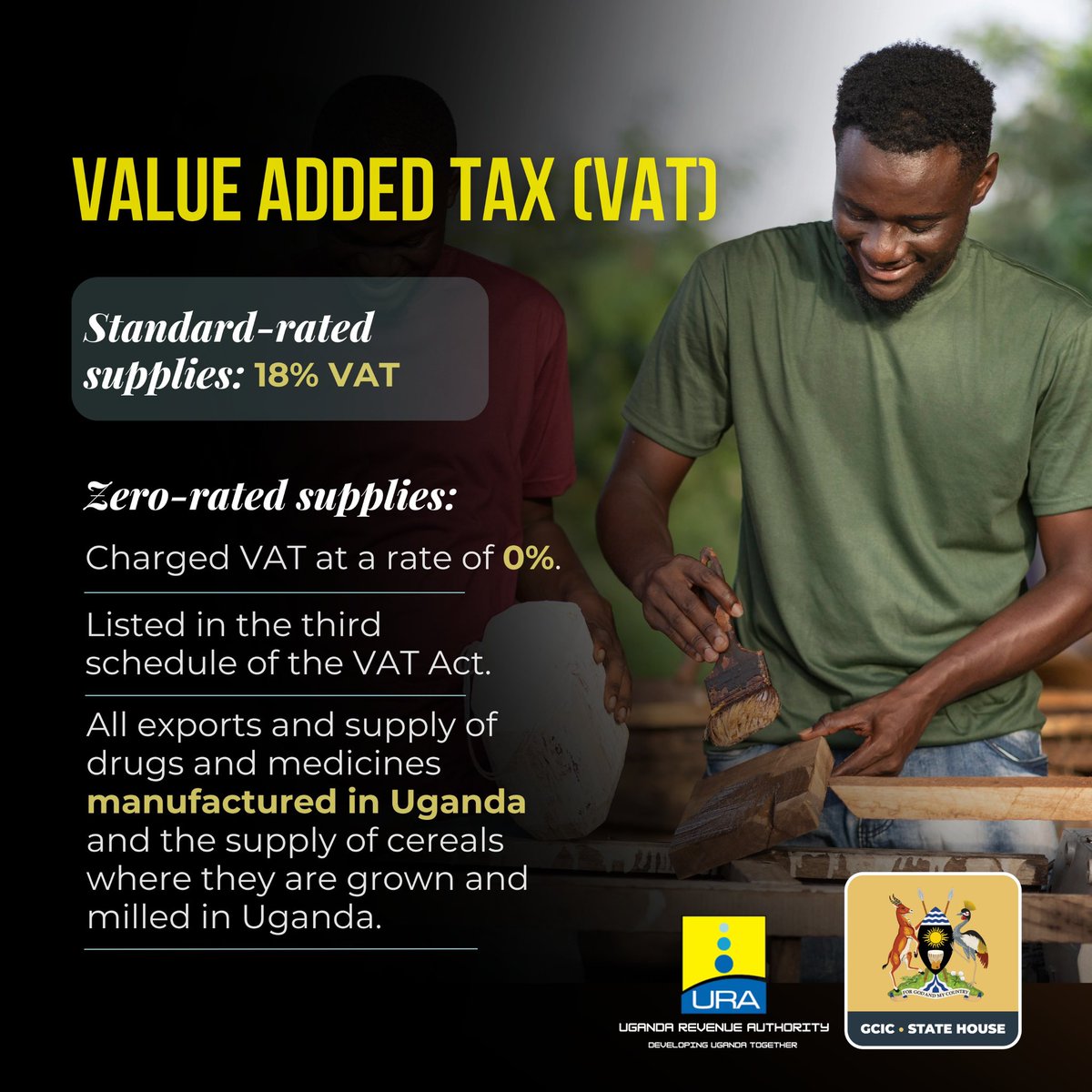 𝐙𝐞𝐫𝐨-𝐫𝐚𝐭𝐞𝐝 VAT 𝐬𝐮𝐩𝐩𝐥𝐢𝐞𝐬: Applies to exports and supply of drugs and medicines manufactured in Uganda and the supply of cereals where they are grown and milled in Uganda. #UgEconomy #OpenGovUg