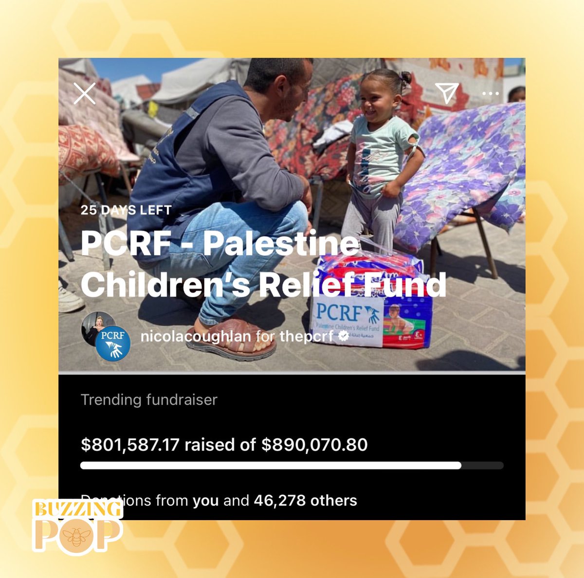 Palestine Children’s Relief Fund raised an additional $622k in less than 24 hours after celebrities like Ariana Grande and Jenna Ortega, among others, shared the donation link. It has raised so far $801k.