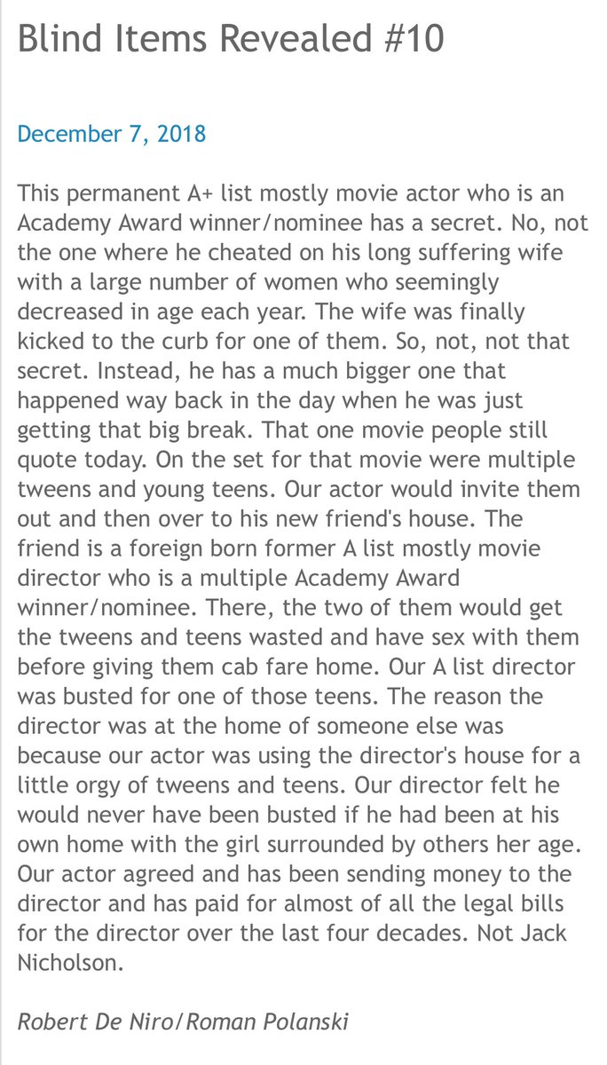 ROBERT DE NIRO: MEET THE CHILD FOCKER! In 2018, Crazy Days & Nights reported that Robert De Niro paid Roman Polanski's legal bills for decades after he was busted for raping a child. Polanski blames De Niro for getting caught sexually assaulting the child. De Niro and Polanski