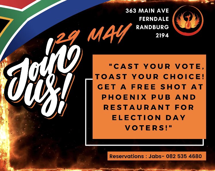 Phoenixbar2's tweet image. #randburg #Election2024
Come past for a free shot with your first round if you voted….Phoenix Bar &amp;amp; Restaurant - 363 Main Avenue - Ferndale