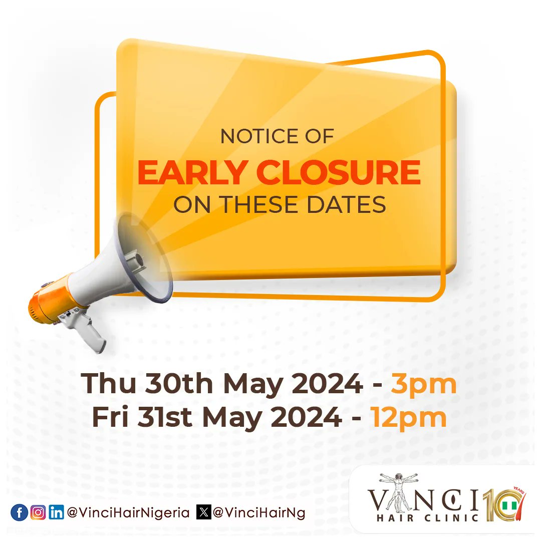 We'll close early this Thursday at 3 PM and Friday at noon. Thanks for understanding!

Book your FREE consultation at vincihairafrica.com for a 10% discount. DM, call, or WhatsApp 08178347454, 09071681615, 08174222227. Installments available.

#HairTransformation #VinciHair