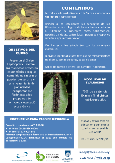 eduperfcien's tweet photo. Estimad@s,  Están abiertas las inscripciones para el curso EP "Una aproximación a la conservación participativa: Mariposas y orugas del Uruguay".  INSCRIPCIONES: https://t.co/0op32MVTkX……… …hasta el 14 de junio. Matrícula: $u 500.  Adjuntamos más info. https://t.co/7ZnHwb3Pkf