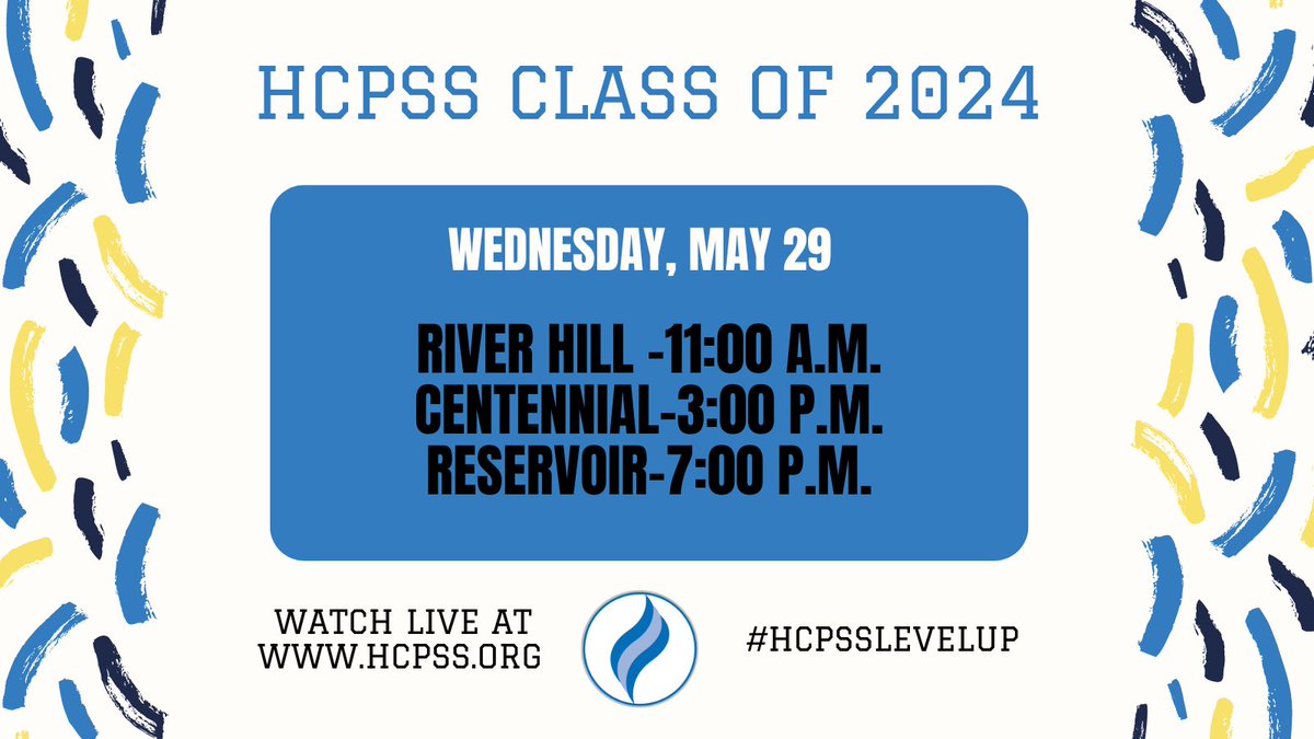 HCPSS (@hcpss) on Twitter photo Keeping our graduations going today with <a href="/hcpss_rhhs/">River Hill HS</a> at 11, <a href="/hcpss_chs/">Centennial HS</a> at 3 and <a href="/hcpss_rhs/">Reservoir HS</a> at 7! Watch online at hcpss.org. #HCPSSLevelUp #CelebrateHCPSS Keeping our graduations going today with <a href="/hcpss_rhhs/">River Hill HS</a> at 11, <a href="/hcpss_chs/">Centennial HS</a> at 3 and <a href="/hcpss_rhs/">Reservoir HS</a> at 7! Watch online at hcpss.org. #HCPSSLevelUp #CelebrateHCPSS