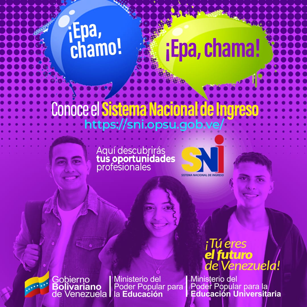 ¡Atención joven bachiller!

El gobierno nacional, liderado por el pdte. <a href="/NicolasMaduro/">Nicolás Maduro</a>  garantiza y facilita el acceso a la educación pública, gratuita y de calidad Por eso, a partir de este 27May hasta el 22Jul regístrate en el enlace: sni.opsu.gob.ve
#UnidosDeCorazón