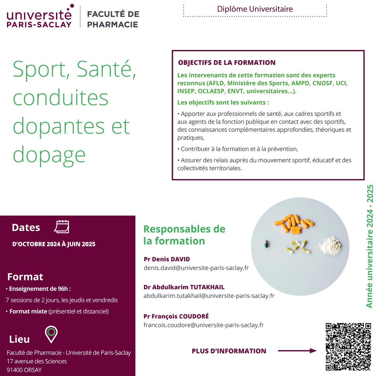Les inscriptions pour le Diplôme Universitaire "Sport, santé, conduites dopantes et dopage" sont ouvertes ! Toutes les informations sur le site internet de la Faculté de Pharmacie de l'Université Paris-Saclay : pharmacie.universite-paris-saclay.fr/formation/form…
