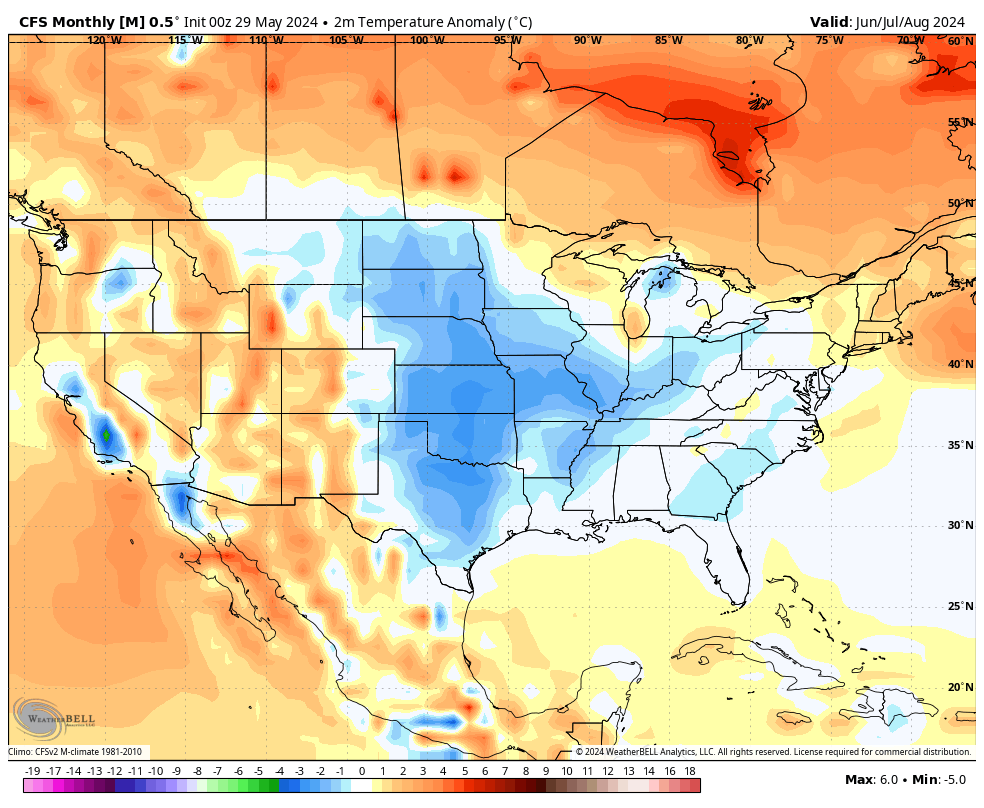 June is just a few days away! So, what's in store for the Summer? Latest run of the CFS says the period of June/July/August will be fairly close to 'normal' overall for MD. Most of the big heat this Summer might be focused on the Western US. Cooler than normal in the Mid West. 👇