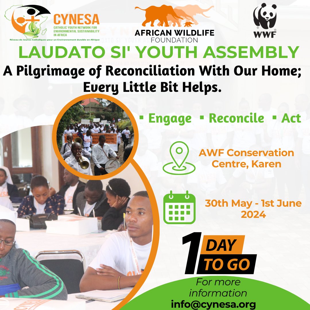 CYNESA's tweet photo. One day to go!

It is tomorrow, 30th May 2024.
📍@AWF_Official  Conservation Centre.
#faith4earth #laudatosi #laudatodeum #LSYAssembly https://t.co/vbfnDnrbQi