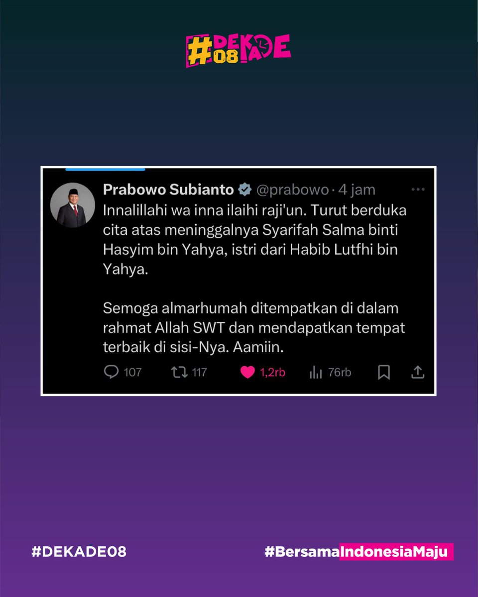 Ucapan duka dari Presiden Terpilih Prabowo Subianto untuk Syarifah Salma Istri dari Al-Habib Luthfi bin Yahya.

#prabowo #gibran #prabowogibran #habibluthfibinyahya #syarifahsalmaistrihabibluthfi #syarifahsalma #istrihabibluthfibinyahya #duka #indonesiamaju #bersamaindonesiamaju