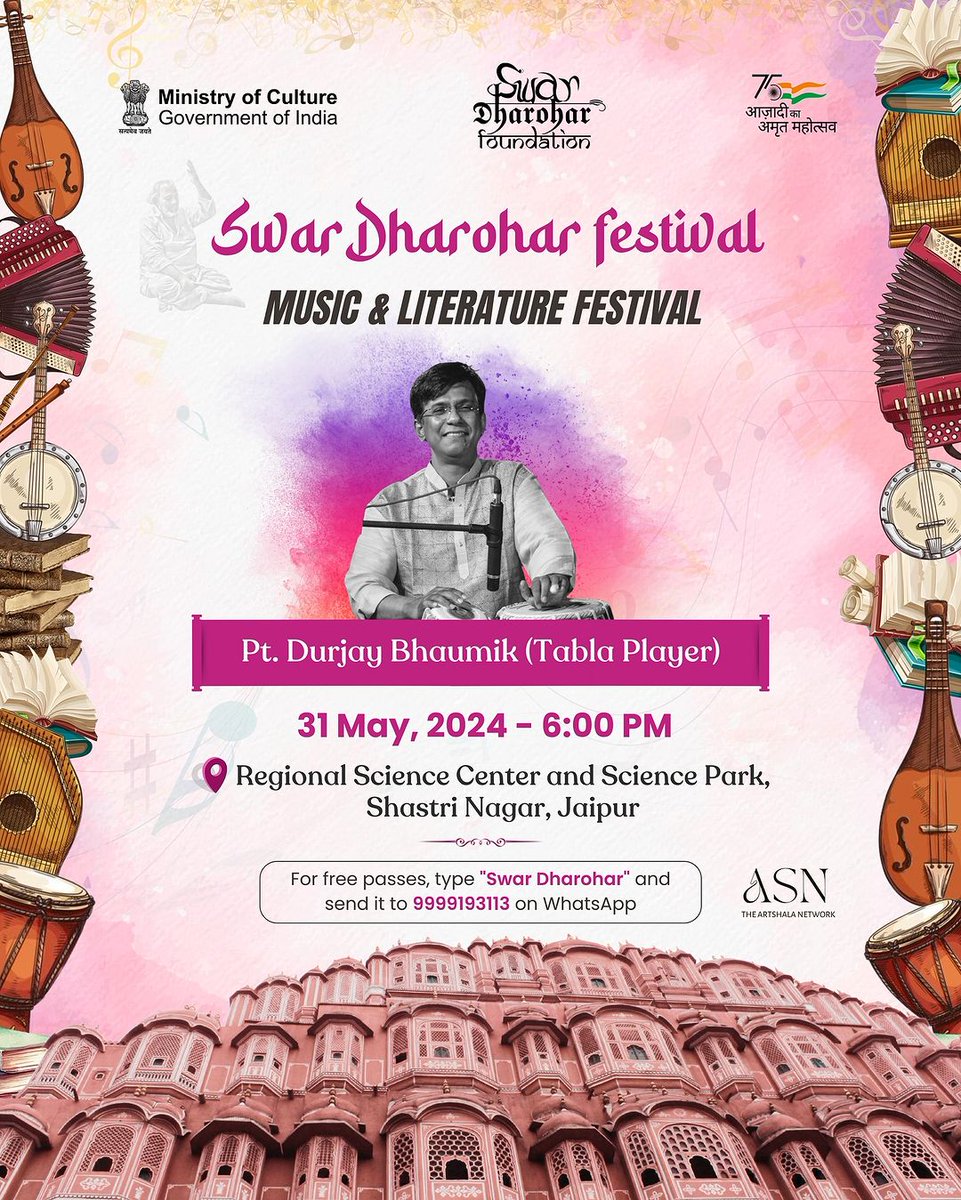 All are invited to be a part of the #SwarDharoharFestival & be enraptured by the melodies of Tabla🎼 by Pt Durjay Bhaumik

🗓️31st May'24 
6⃣pm onwards
📍Regional Science Center & Science park, Shastri Nagar, Jaipur 

#AmritMahotsav #CulturalPride #CultureUnitesAll #MainBharatHoon