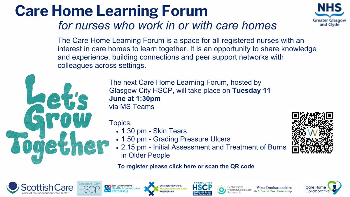 The next Learning Forum for #nurses with an interest in #carehomes is on 11th June and hosted by @GCHSCP   via teams. Topics Skin Tears, Grading Pressure Ulcers and Burns First Aid. @InverclydeHSCP   @RenHSCP @j_mugwanya   @EastDunHSCP @wdhscp  @scottishcare