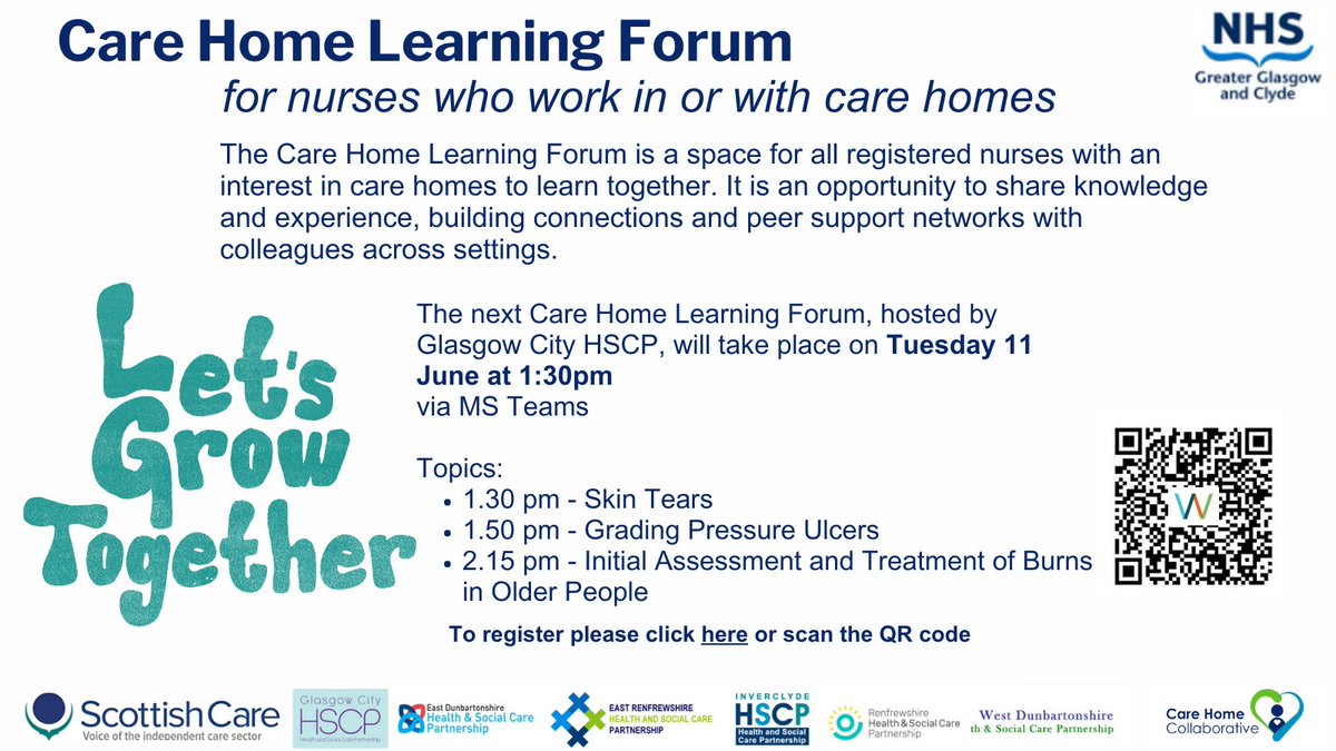 NHSGGC - Care Home Collaborative (@nhsggcchc) on Twitter photo The next Learning Forum for #nurses with an interest in #carehomes is on 11th June and hosted by <a href="/GCHSCP/">Glasgow City HSCP</a> via teams. Topics Skin Tears, Grading Pressure Ulcers and Burns First Aid. <a href="/InverclydeHSCP/">Inverclyde HSCP</a> <a href="/RenHSCP/">Renfrewshire Health and Social Care Partnership</a> <a href="/j_mugwanya/">Janice Mugwanya</a> <a href="/EastDunHSCP/">East Dun HSCP</a> <a href="/wdhscp/">West Dunbartonshire Health+Social Care Partnership</a> <a href="/scottishcare/">Scottish Care</a> The next Learning Forum for #nurses with an interest in #carehomes is on 11th June and hosted by <a href="/GCHSCP/">Glasgow City HSCP</a> via teams. Topics Skin Tears, Grading Pressure Ulcers and Burns First Aid. <a href="/InverclydeHSCP/">Inverclyde HSCP</a> <a href="/RenHSCP/">Renfrewshire Health and Social Care Partnership</a> <a href="/j_mugwanya/">Janice Mugwanya</a> <a href="/EastDunHSCP/">East Dun HSCP</a> <a href="/wdhscp/">West Dunbartonshire Health+Social Care Partnership</a> <a href="/scottishcare/">Scottish Care</a>