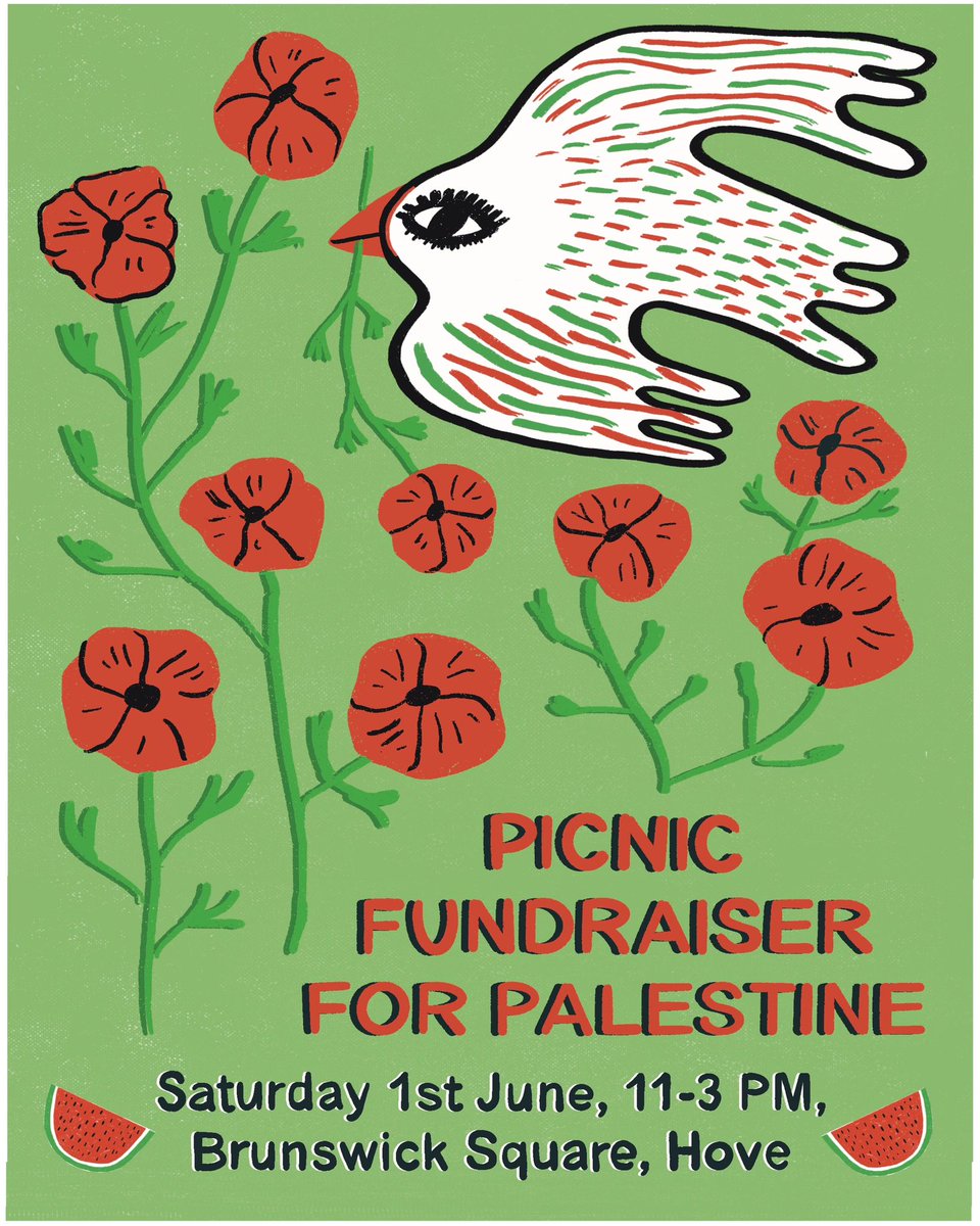 🍉🥪🥗🥤 𝗦𝗔𝗧𝗨𝗥𝗗𝗔𝗬 🥤🥗🥪🍉
A Brighton picnic for Palestine.
A safe space with food, art, activities & raffle, raising money for @gazasunbirds & families trying to escape Gaza.
All welcome! ❤️🇵🇸
