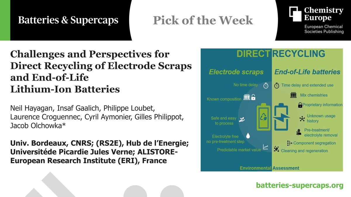 Chemistry Europe (@chemeurope) on Twitter photo Pick of the Week, published #OpenAccess in <a href="/Batt_Supercaps/">Batteries & Supercaps</a> by @neillonio, <a href="/CroguennecLaur1/">Croguennec Laurence</a> <a href="/JacobOlchowka/">Jacob Olchowka</a> & team at <a href="/EnergyRS2E/">RS2E</a> & <a href="/AlistoreE/">ALISTORE ERI</a>:
"Challenges and Perspectives for Direct Recycling of Electrode Scraps and End-of-Life Lithium-ion Batteries" ♻️🔋
ow.ly/az1L50S00pH Pick of the Week, published #OpenAccess in <a href="/Batt_Supercaps/">Batteries & Supercaps</a> by @neillonio, <a href="/CroguennecLaur1/">Croguennec Laurence</a> <a href="/JacobOlchowka/">Jacob Olchowka</a> & team at <a href="/EnergyRS2E/">RS2E</a> & <a href="/AlistoreE/">ALISTORE ERI</a>:
"Challenges and Perspectives for Direct Recycling of Electrode Scraps and End-of-Life Lithium-ion Batteries" ♻️🔋
ow.ly/az1L50S00pH