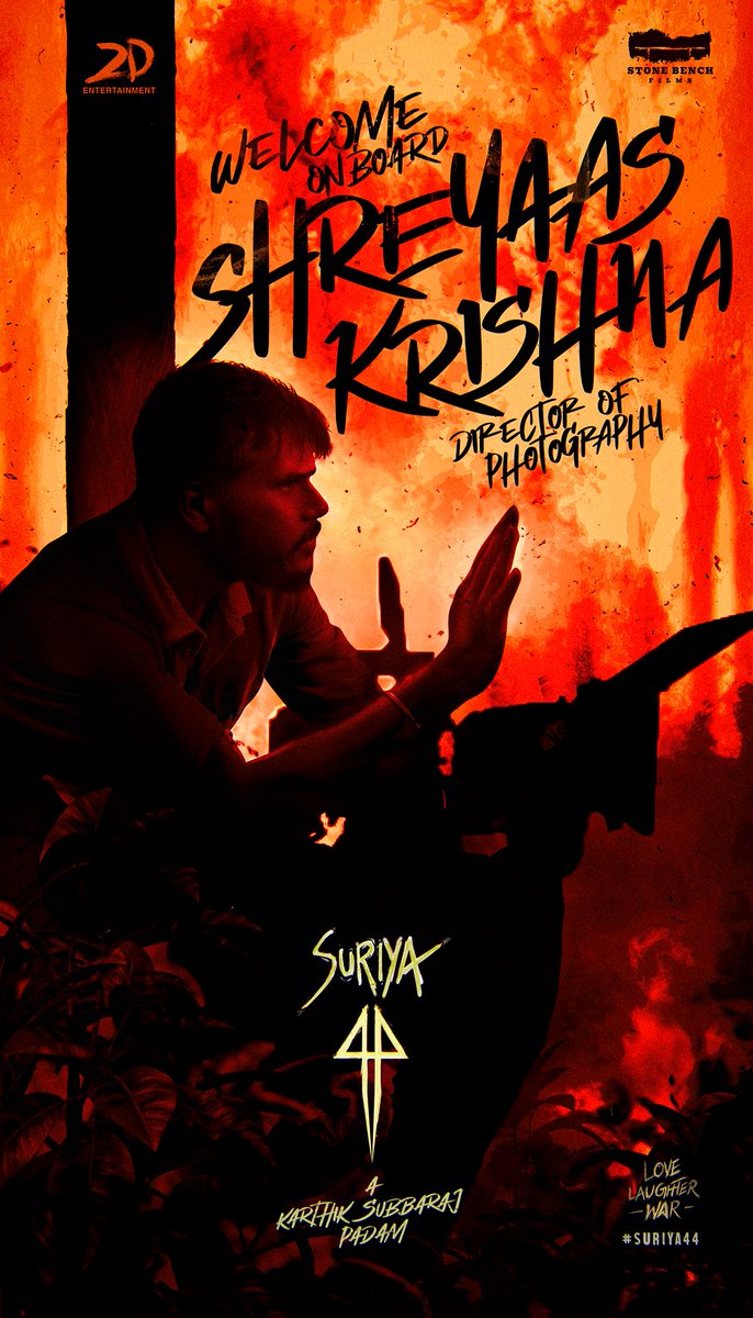 Happy to have the brilliant visual narrator - cinematographer, @kshreyaas join us for #Suriya44 🔥 Welcome onboard #ShreyaasKrishna 🎥 #LoveLaughterWar ❤️‍🔥 #AKarthikSubbarajPadam 📽️ @Suriya_Offl @karthiksubbaraj @Music_Santhosh @rajsekarpandian @kaarthekeyens @stonebenchers