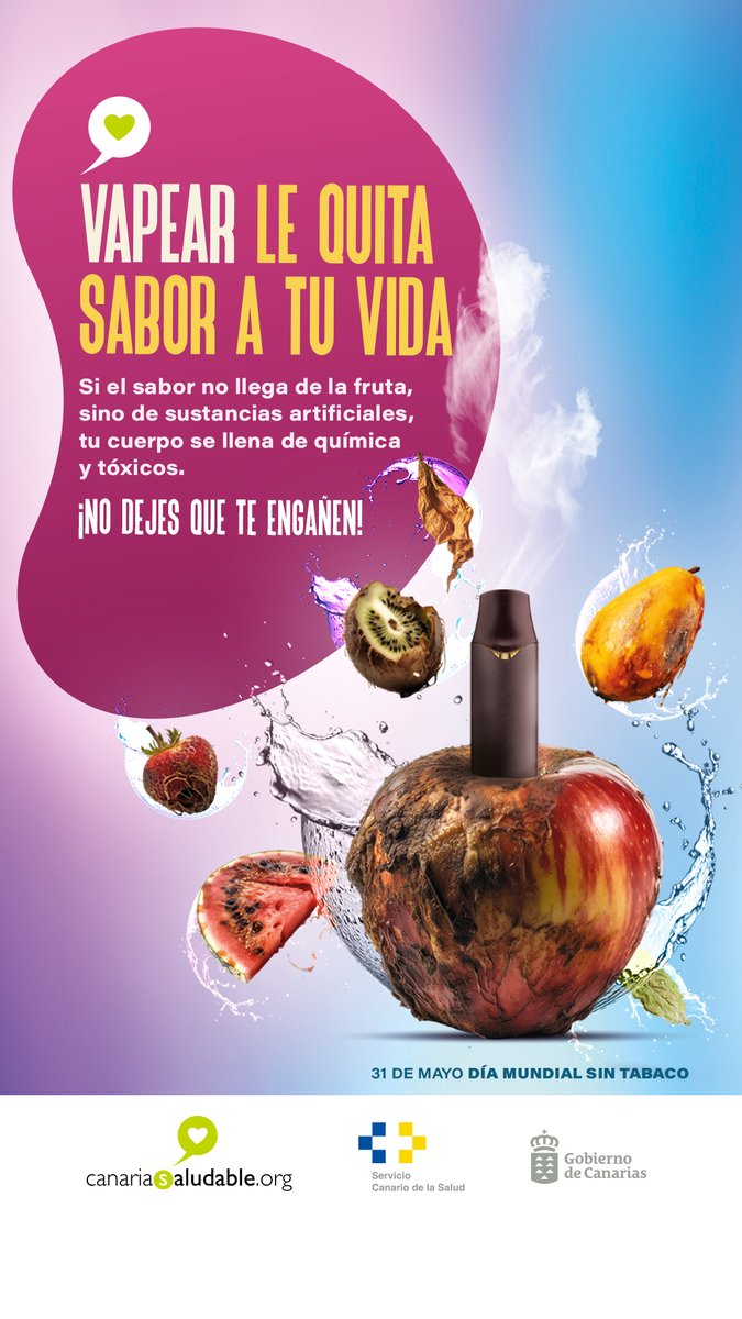 #DíaMundialSinTabaco🚬

@SanidadGobCan a través de la #DGSP celebra este Día Mundial instituido por la #OMS, advirtiendo de los riesgos para la #salud y el medio ambiente que suponen los cigarrillos electrónicos, especialmente en la población más joven.

bit.ly/DmSinTabaco2024