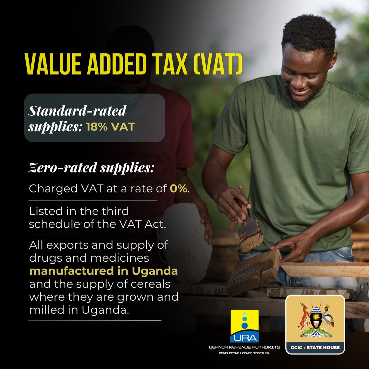 Standard-rated supplies in Uganda are charged 18% VAT, while zero-rated supplies are charged at 0% VAT. This applies to all exports, drugs, medicines, and cereals produced in Uganda. @URAuganda #OpenGovUg