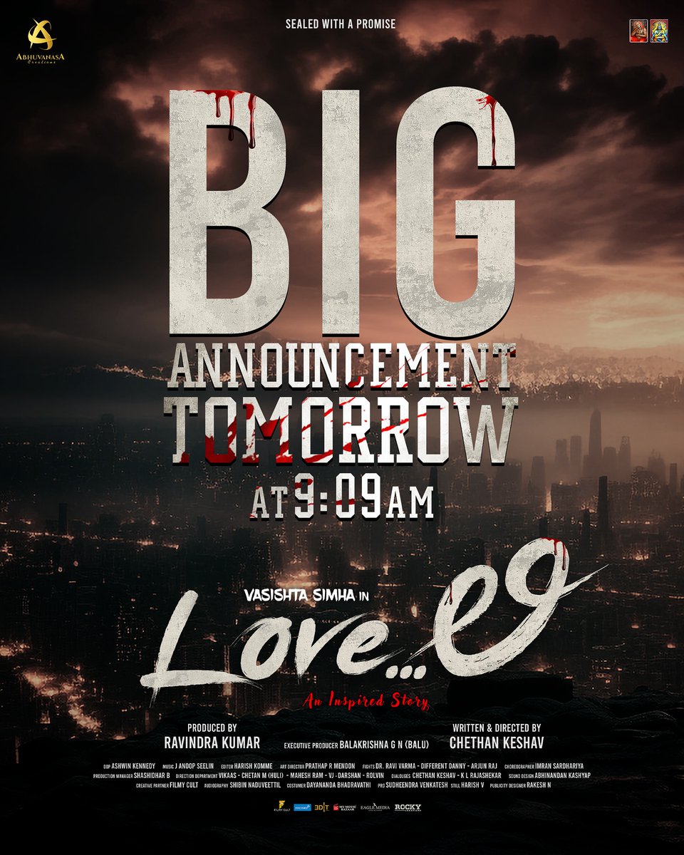 .@ImSimhaa 's Love...ಲಿ Big Announcement tomorrow at 09:09AM This could be an announcement about the release date! #VasisthaSimha #StefyPatel #LoveLi #Loveಲಿ