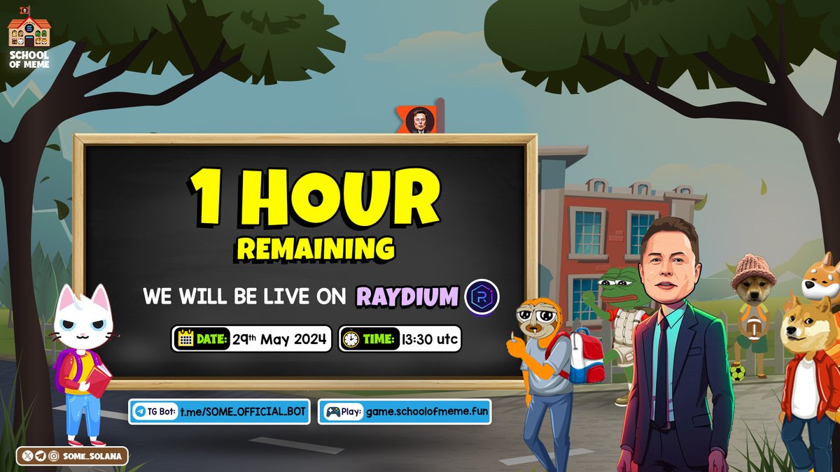 🔥 Are you ready for the moon? $SOME is all set to take everyone there!

🚀 Just 60 minutes left until the biggest launch. Get your wallets ready!

🔥 $SOME will be live on Raydium at 13:30UTC 

💥Open for Trading On Raydium at 13:30UTC 29th MAY

➡️Trade: raydium.io/swap/?inputCur…