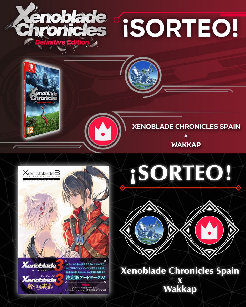Xenoblade_Spain's tweet photo. 🎁 ¡XENOSORTEO! 🎁

Celebramos el 4 aniversario de #XenobladeChronicles: Definitive Edition con un nuevo sorteo de la versión física del juego (importación UK) para #NintendoSwitch junto a Wakkap... o en su lugar, ¡elige el libro de arte definitivo de #XenobladeChronicles3 y Futuros redimidos: "Xenoblade 3 Official Artworks - Aionios Moments -"!

Para participar:
✅ Sigue a @XC_Spain
✅Sigue a @wakkapoficial
🔄 Repostea este post

Un único premio. Una persona ganadora. El sorteo, válido para residentes en España, finalizará el 5 de junio a las 23:59 (hora peninsular).