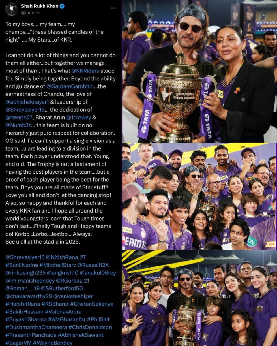 🎉 The real boss man #SRK has shared a heartfelt post celebrating KKR's 3rd title win! 🏆 He praised the incredible teamwork and dedication from mentors, coaches, support staff, and players, emphasizing that this victory was truly a collective effort. SRK expressed his gratitude