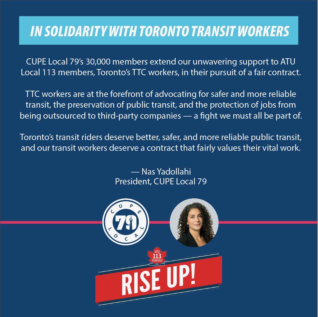 TTC workers are at the forefront of advocating for safer and more reliable transit for all. 

Today and every day @cupelocal79 members extend our unwavering support to @ATUlocal113 in their pursuit of a fair contract. #TOpoli