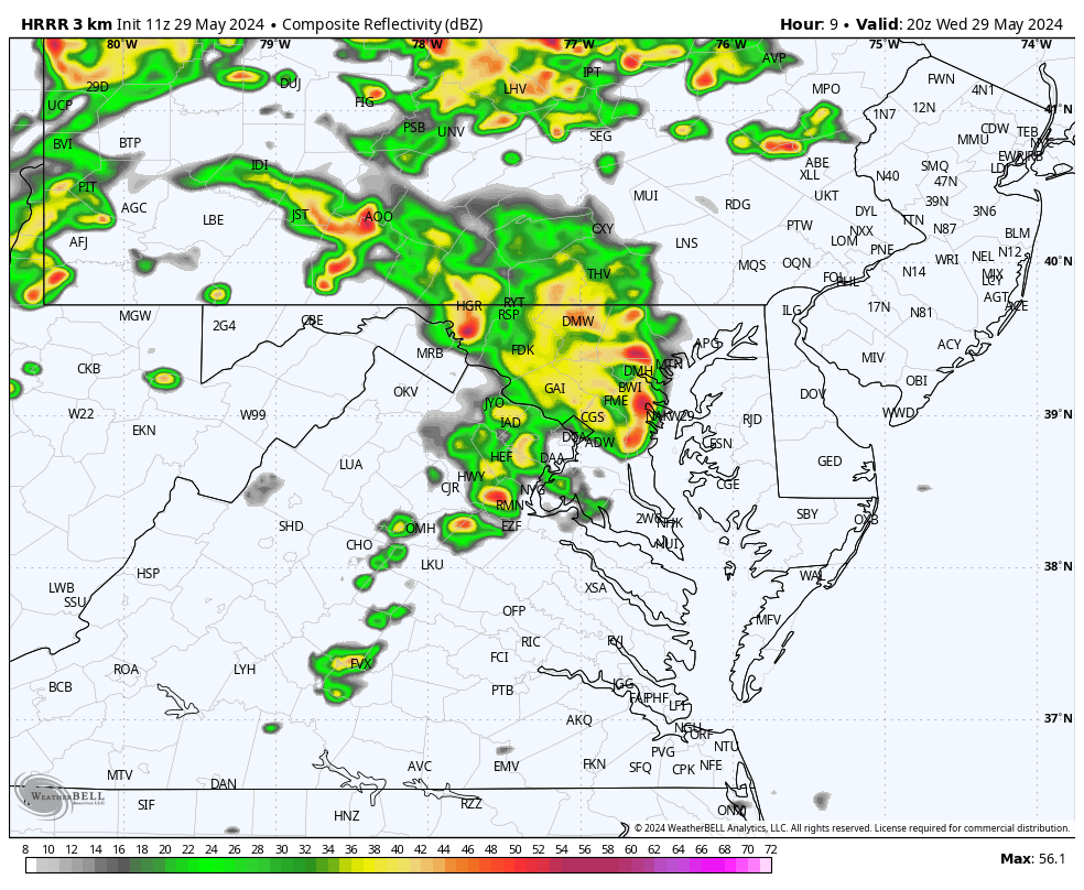 We still expect a few showers and storms in the Baltimore Metro this afternoon. 👇 Most likely time between 2 PM and 7 PM. At this point we do not anticipate 'severe' weather, but any storm can produce gusty winds and lightning. So, just a heads up. #MdWx