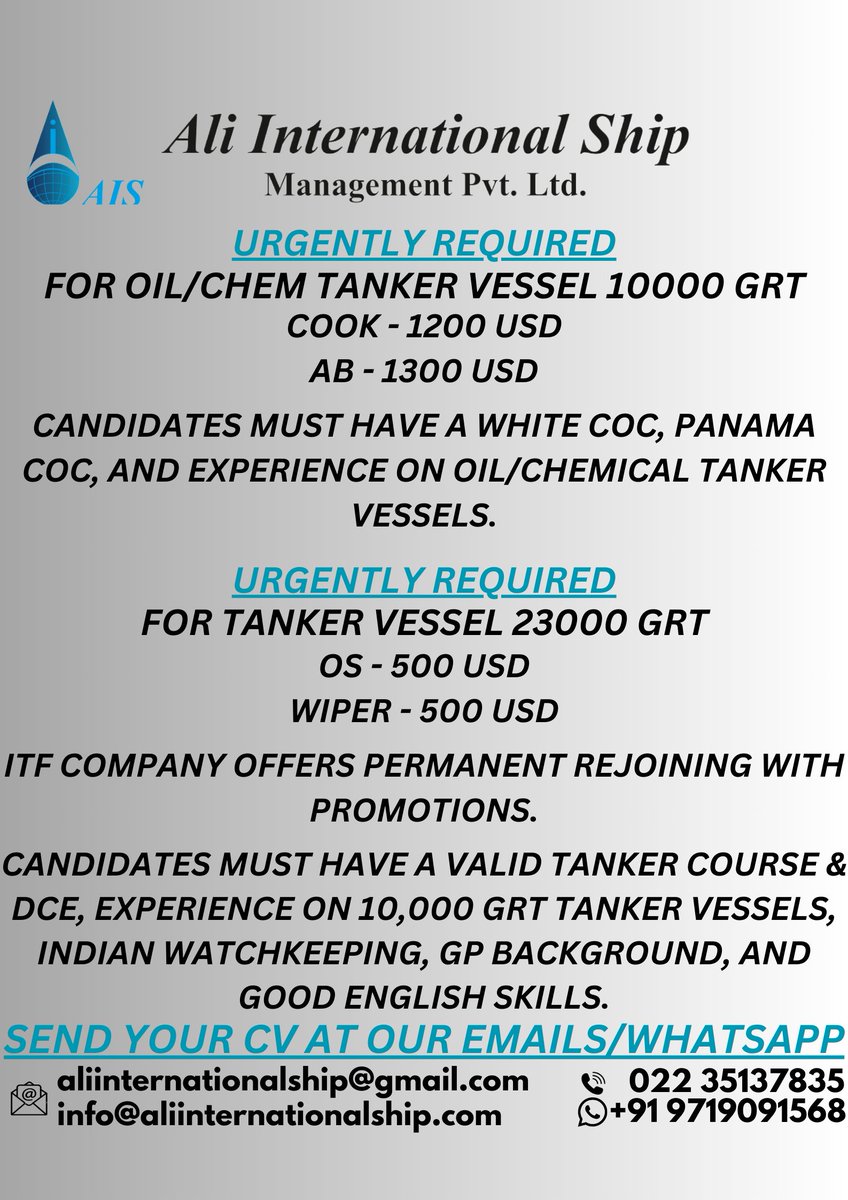 #shipping #aliinternationalship #Seafarers #jobopportunity #tankervessel #oiler #ab #hiringnow #ShippingWorldwide #Sailorslife #Marine #offshore #Crew #Ship #Sea #cook #opencdcholder #marineopportunity #merchantnavy #marinejobs #indianseamen #indianmerchantnavy #deckcadet #wiper