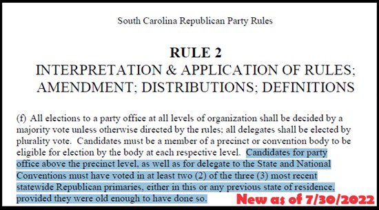 We don't like #EarlyVoting but 'new' #SCGOP Rule makes it imperative that you #GoVote This Rule 2(f) was added by McKissick RINO crowd at 7/30/22 SCGOP Convention to keep out newly involved Patriots like yourself who may have missed out voting in the Primaries
#GOTV #mySCGOP