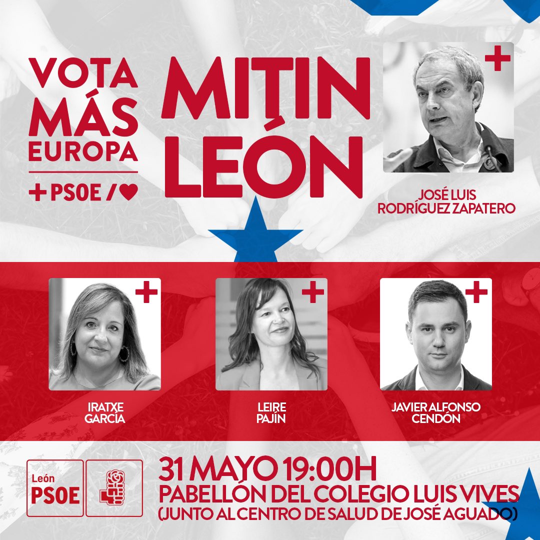 📣❤️ MITIN EN LEÓN
Con:
🌹José Luis Rodríguez Zapatero
🌹 <a href="/IratxeGarper/">Iratxe García Pérez /❤️</a> 
🌹 <a href="/lpajin/">Leire Pajín</a> 
🌹 <a href="/alfonsocendon/">Javier Alfonso Cendón</a> 

🗒️ Este viernes, 31 de mayo
⏰ A las 19 horas
📍En el pabellón del Colegio Luis Vives, junto al Centro de Salud de José Aguado de León. 

¡CONTAMOS CONTIGO!