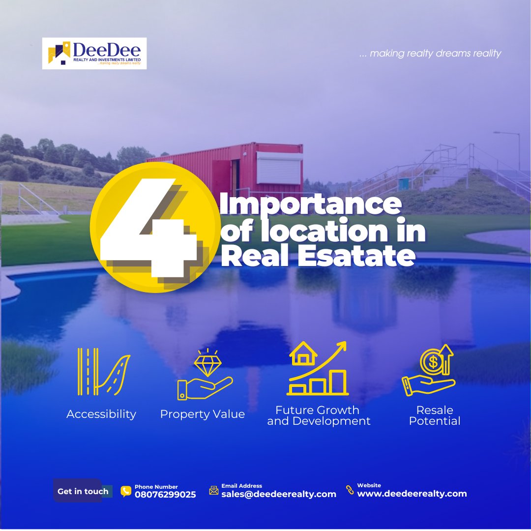 Location plays a crucial role in determining market demand for properties.   Here are the importance of location in real estate    
#RealEstateEducation #RealEstate #InvestInNigeria #DeeDeeRealty #Deedeerealtyandinvestments #propertymatters #landmatters #lagos #nigeria #epe