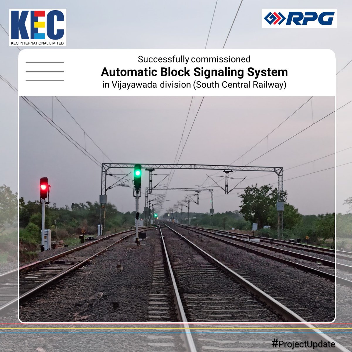 KEC is delighted to share that it has successfully commissioned the Automatic Block Signaling (ABS) system for the 'Gannavaram to Nuzvid' section in the Vijayawada division. 

#KECInternational #ThisIsRPG
@kejriwalv1
@RPGEnterprises
@RPG_Cables_KEC
@SaeTowers