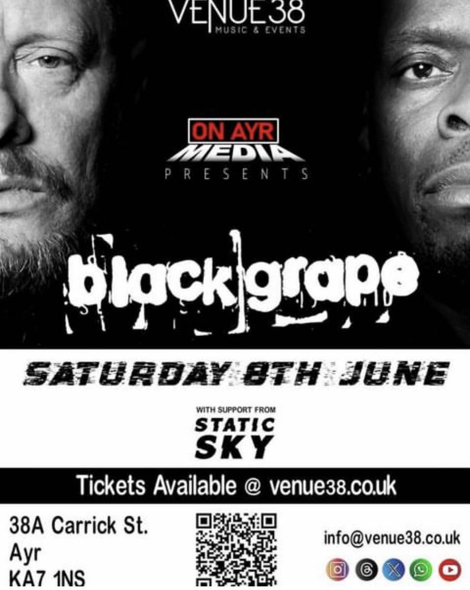 💥💥💥 SCOTLAND - NEXT WEEKEND!!! 🏴󠁧󠁢󠁳󠁣󠁴󠁿🏴󠁧󠁢󠁳󠁣󠁴󠁿🏴󠁧󠁢󠁳󠁣󠁴󠁿 . BLACK GRAPE play Venue 38 in Ayr on Saturday 8th June 2024 🍇🍇🍇 . Tickets 👇🏻 venue38.co.uk/event-details/… . #BlackGrape #ShaunRyder #KermitLeveridge #Venue38 #Ayr #Livemusic @Venue38Ayr
