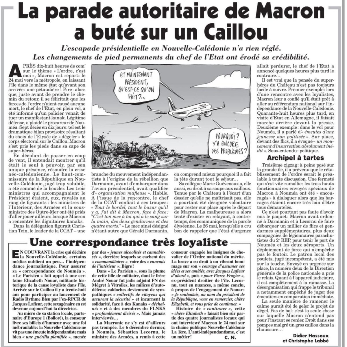 Le Canard  Enchainé est l’un des rares médias français qui nous confirme que la posture colonialiste jusqu’auboutiste de Macron a conduit à la mort d’au moins 7 personnes en KANAKY🇳🇨
L’ordre colonial c’est la BARBARIE 
#LeColonialismeFrancaisEstUnCrimeContreLHumanité