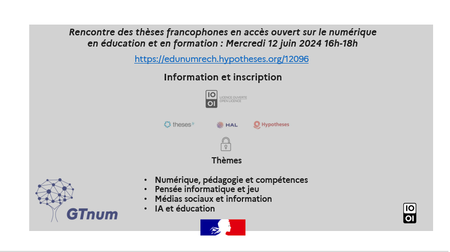 📢 Rencontre des thèses francophones en accès ouvert sur le Numérique, l'éducation et la recherche ! 🎓🌐 🗓 Mercredi 12 juin 2024, de 16h à 18h. 🔗 Découvrez plus d'infos et inscrivez-vous dès maintenant : 👉edunumrech.hypotheses.org/12096 #PoweredByDNE