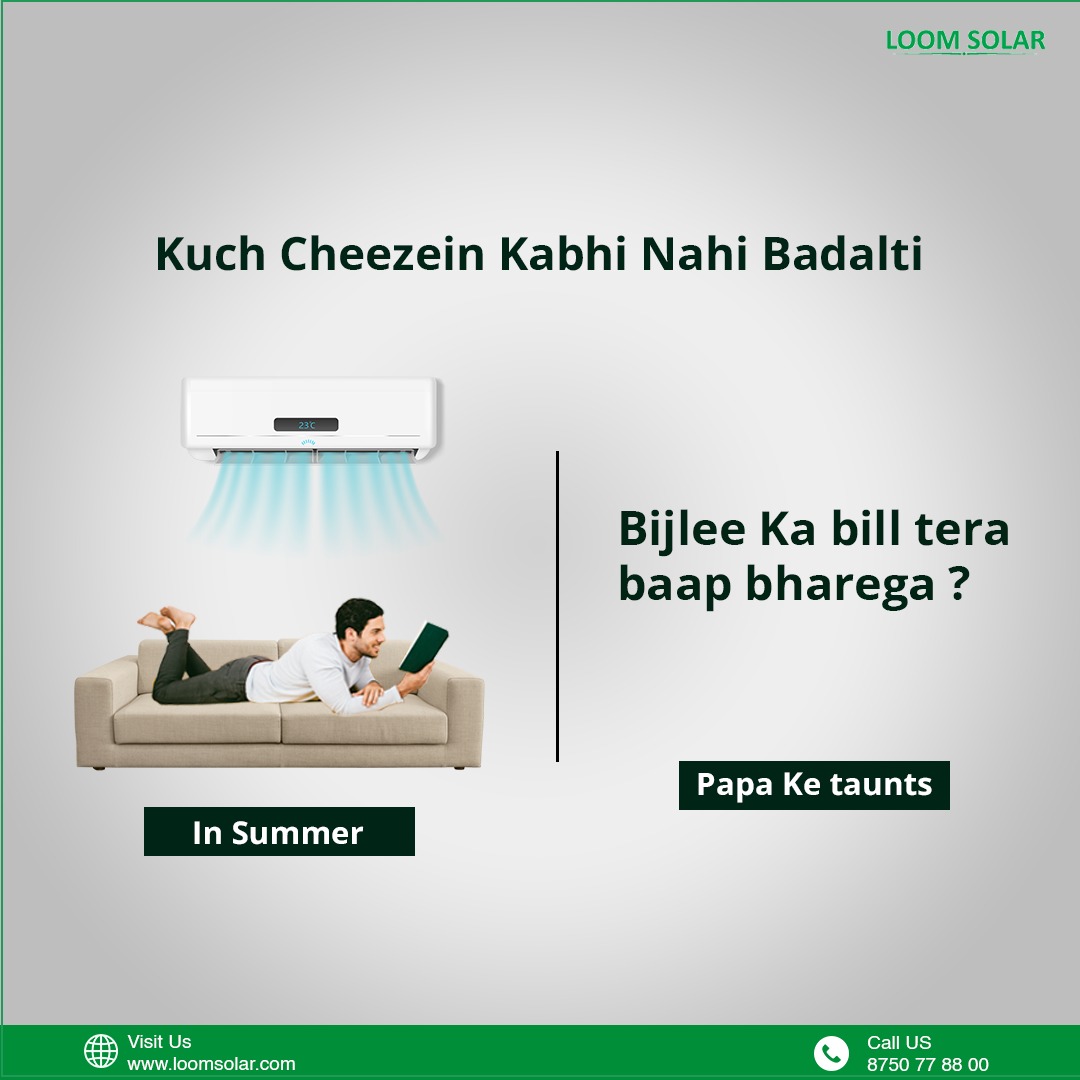 Switch to solar AC and say goodbye to high summer electricity bills. Keep cool with solar energy. . . #PowerWithoutInterruption #UninterruptedEnergy #EndlessEnergy #loomsolar #अपना_घर_अपनी_बिजली #rooftopsolar #solarsubsidy #electrictybill