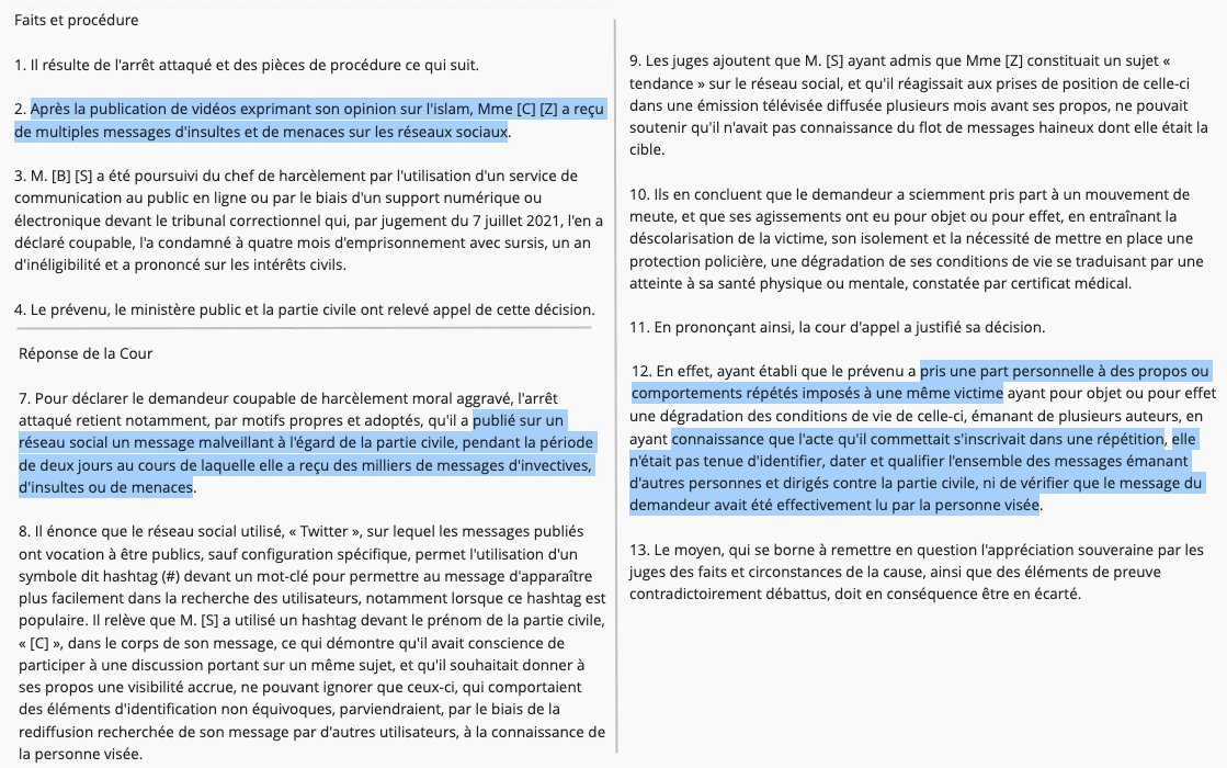N_Hervieu's tweet photo. Cyberharcèlement : La @Courdecassation valide la condamnation pénale de l'un des auteurs d'une vague de messages sur @Twitter visant une personne.

Il suffit qu'il ait :
- Pris une part personnelle dans cette vague;
- Eu connaissance de la répétition.

=> https://t.co/Ky2v9VTV1B https://t.co/FJWQQoWWYP