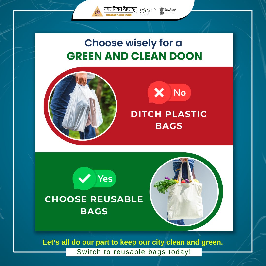 Choose wisely for a Green and Clean Doon

Let’s all do our part to keep our city clean and green. Switch to reusable bags today!

 #PlasticFreeLiving #SustainableChoices
#plasticpollution #plasticbende  #swachhbharatabhiyan #cleandoongreendoon #naturefriendly #swachhtahiseva